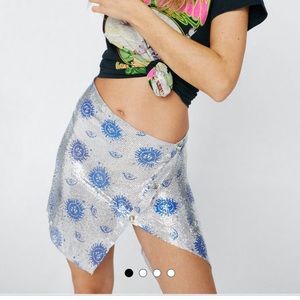 Nasty Gal Silver Celestial Print Chainmail Button Down Skirt